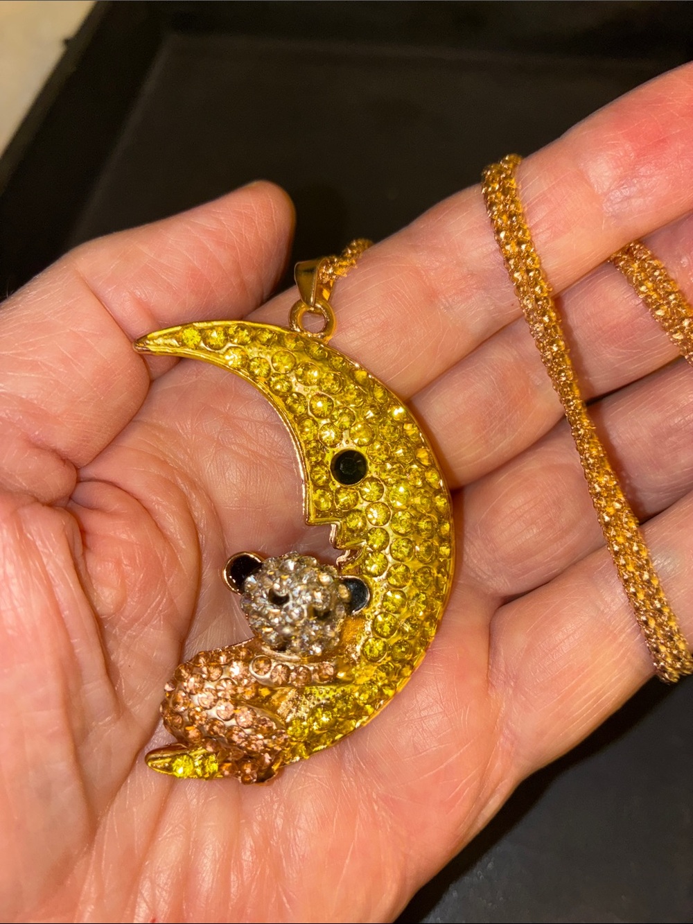 Moon & Bear Crystal Pendant Necklace - Yellow Gold. Baby Shower Gift?